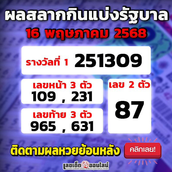 รูปภาพผลหวยรัฐบาลไทย 16 พ.ค.68ของ lekdedonline